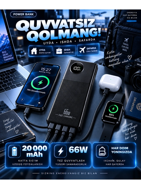 Powerbank iphone, 10 000/20 000mAh,4 tasi 1 da kabelli tashqi akkumulyator