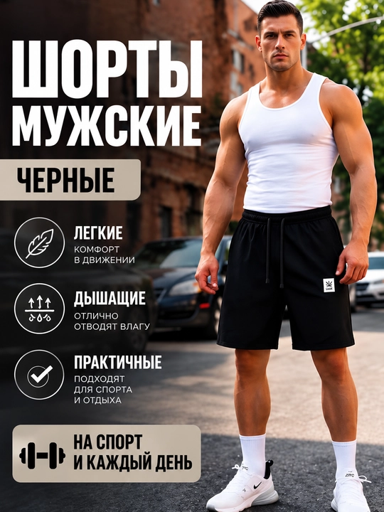 Cho'ntakli erkaklar uchun qora shortilar, faol dam olish uchun sport shortlari - 