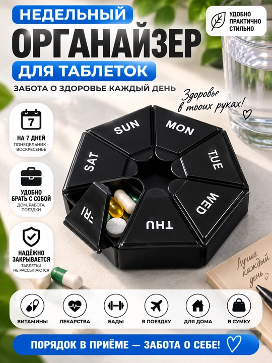 Органайзер для таблеток, лекарств, витаминов, мазей, мелких предметов, 7 отделений - 