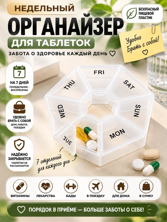 Органайзер для таблеток, лекарств, витаминов, мазей, мелких предметов, 7 отделений - 