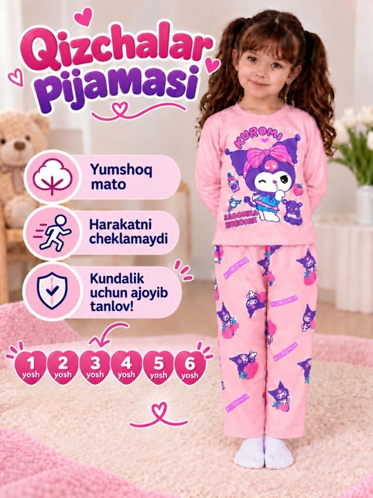 Qizbolalar uchun qulay momiq pijama. 2-3-4-5 yosh uchun