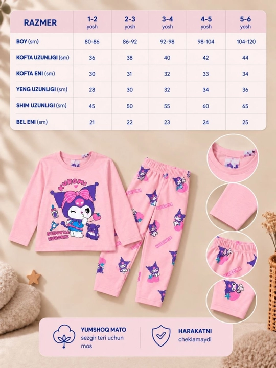 Qizbolalar uchun qulay momiq pijama. 2-3-4-5 yosh uchun
