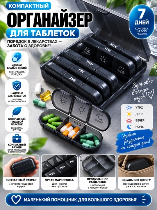 Органайзер для таблеток, аптечка, еженедельная коробка с 21 отделением для витаминов