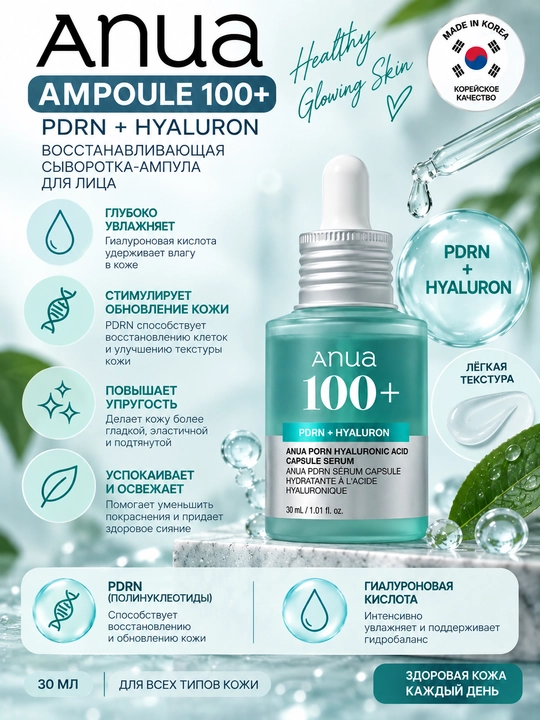 Anua PDRN + Hyaluron 100+, набор, Glow Pad, тонер, пенка, гель-крем, сыворотка и ампула