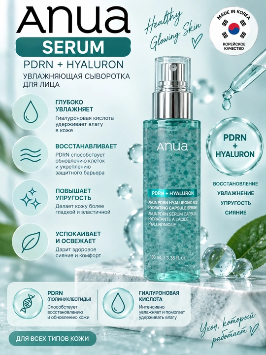 Anua PDRN + Hyaluron 100+, набор, Glow Pad, тонер, пенка, гель-крем, сыворотка и ампула