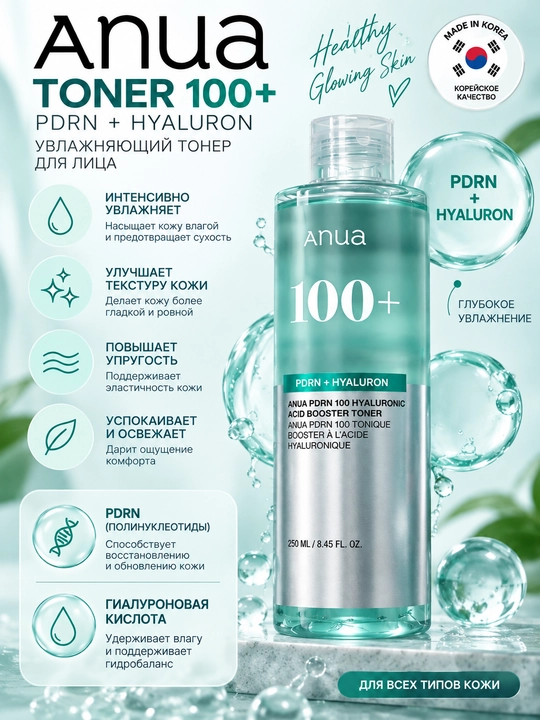 Anua PDRN + Hyaluron 100+, набор, Glow Pad, тонер, пенка, гель-крем, сыворотка и ампула