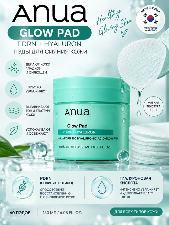 Anua PDRN + Hyaluron 100+, набор, Glow Pad, тонер, пенка, гель-крем, сыворотка и ампула