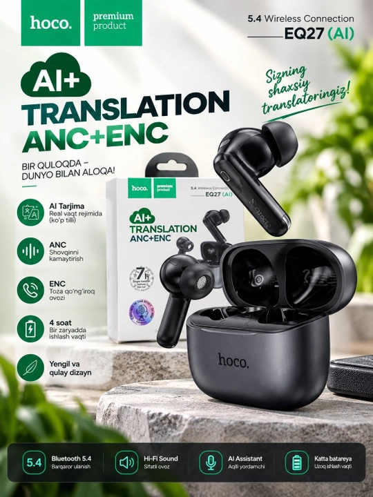 Hoco EQ27 AI Simsiz quloqchin ai tarjima anc enc bluetooth 5.4
