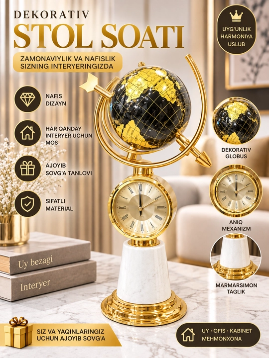 Dekorativ stol soati, globus soat, stol bezagi, uy dekor, ofis dekor, sovg'a, klassik soat - 