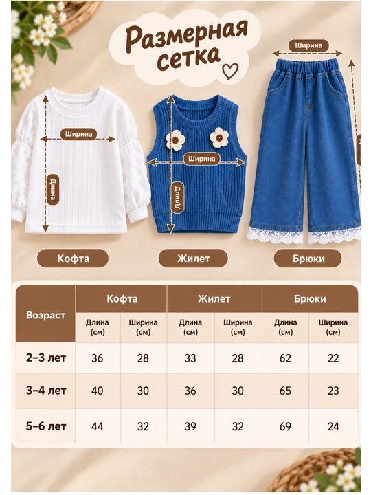 Тройка для девочки, кофта, жилетка и джинсовые брюки, 2–6 лет