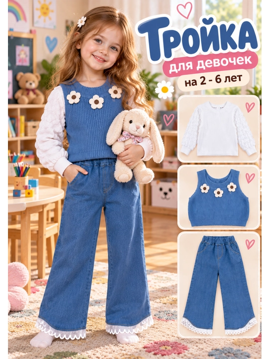 Тройка для девочки, кофта, жилетка и джинсовые брюки, 2–6 лет - 