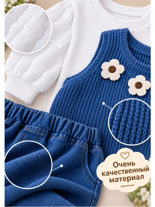 Тройка для девочки, кофта, жилетка и джинсовые брюки, 2–6 лет