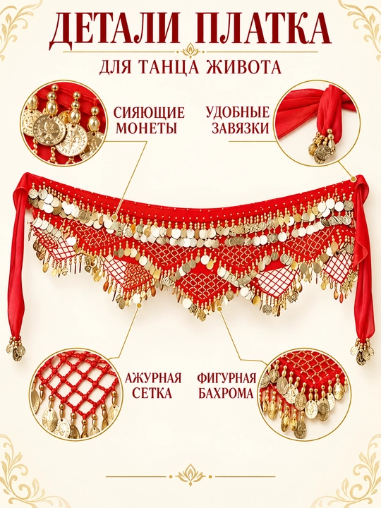 Арабский платок для танца живота, для арабских танцев Belly Dance, с монетками - 