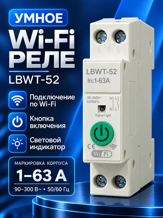 Aqlli WiFi rele 63A LBWT-52, smart tok avtomati, 90–300V, masofaviy boshqaruv - 
