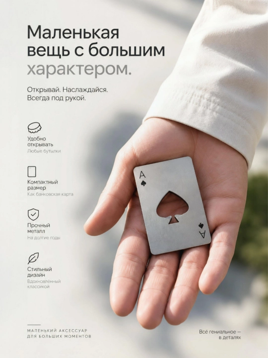 Стильная открывалка для бутылок в кошелек "Пиковый туз" / Защитная карта от RFID краж - 