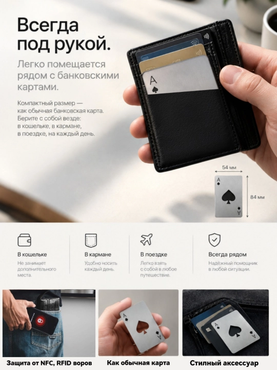Стильная открывалка для бутылок в кошелек "Пиковый туз" / Защитная карта от RFID краж