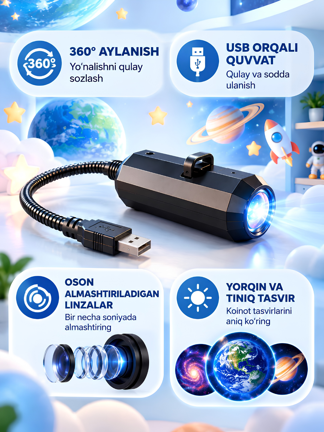 LED proyektor planetarium USB tungi chiroq 10 va 6 slayd sayyora yulduzlar uchun
