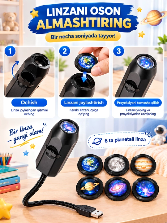 LED proyektor planetarium USB tungi chiroq 10 va 6 slayd sayyora yulduzlar uchun