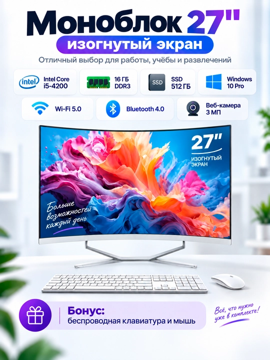 Моноблок с изогнутым HD-экраном 27-дюйм Core i5-4200 / SSD 512GB RAM 16GB / компьютер ПК - 