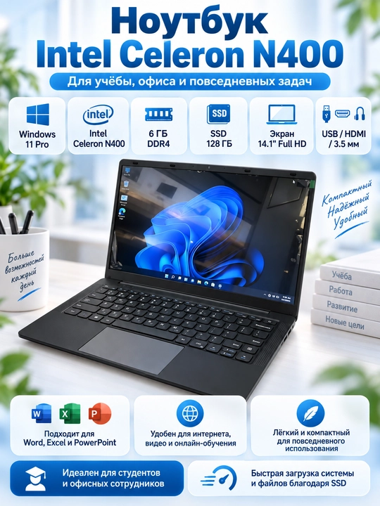 Ноутбук Intel Celeron N400 6 ГБ ОЗУ, 128 ГБ SSD, 14.1 дюйм - 