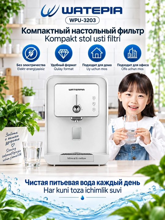 WATERPIA WPU-3203 elektr energiyasisiz ishlaydigan stol usti ichimlik suvi filtri