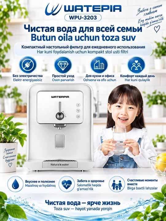 WATERPIA WPU-3203 elektr energiyasisiz ishlaydigan stol usti ichimlik suvi filtri