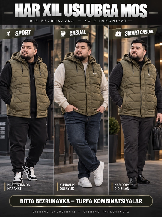 Erkaklar uchun NIKE kapyushonli issiq katta razmerli bezrukavka 6XL–10XL velikan nimcha