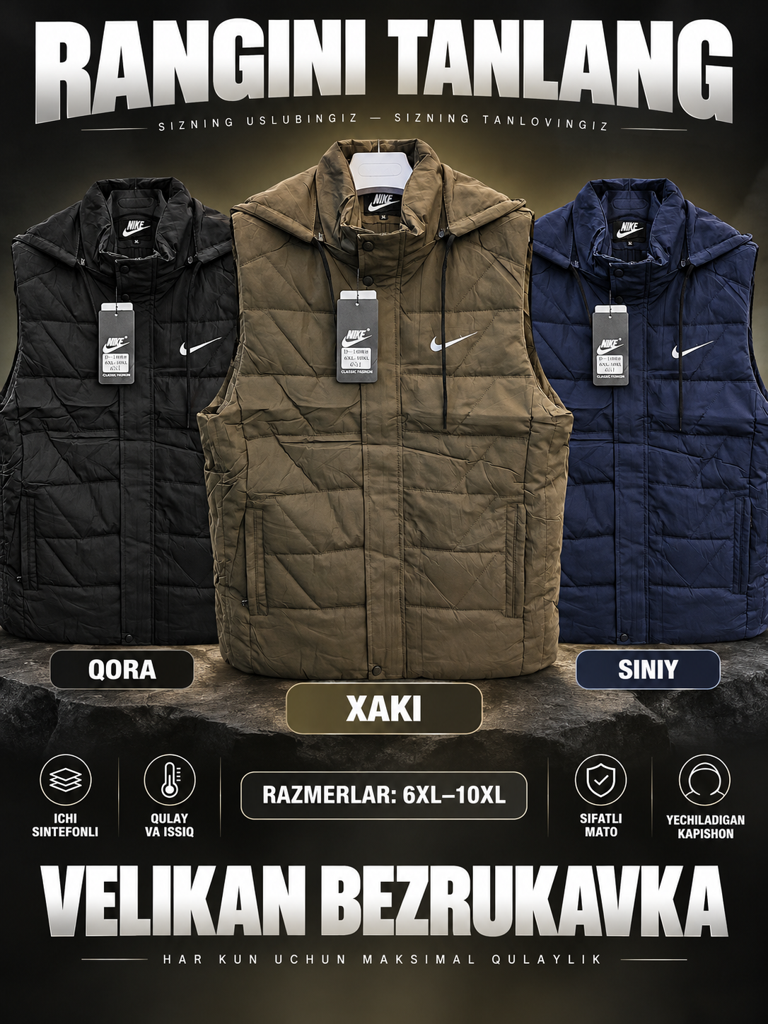 Erkaklar uchun NIKE kapyushonli issiq katta razmerli bezrukavka 6XL–10XL velikan nimcha