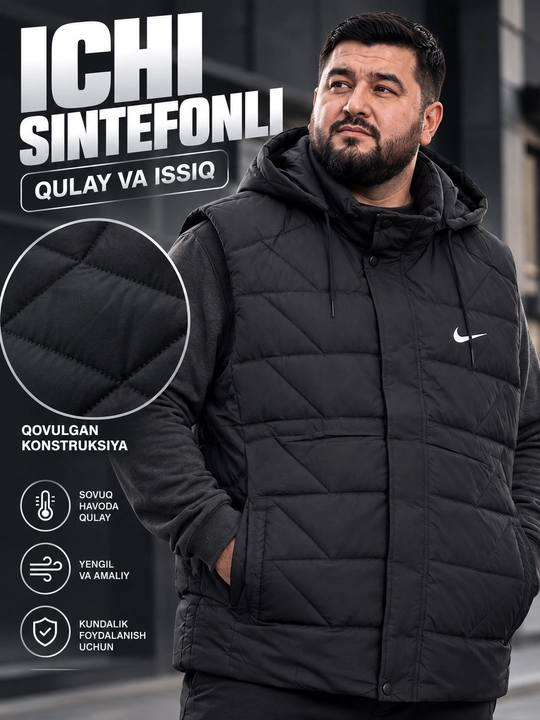 Erkaklar uchun NIKE kapyushonli issiq katta razmerli bezrukavka 6XL–10XL velikan nimcha
