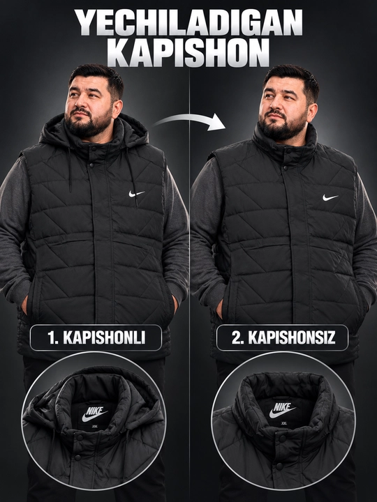 Erkaklar uchun NIKE kapyushonli issiq katta razmerli bezrukavka 6XL–10XL velikan nimcha