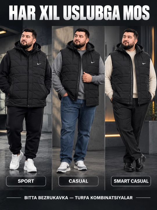 Erkaklar uchun NIKE kapyushonli issiq katta razmerli bezrukavka 6XL–10XL velikan nimcha
