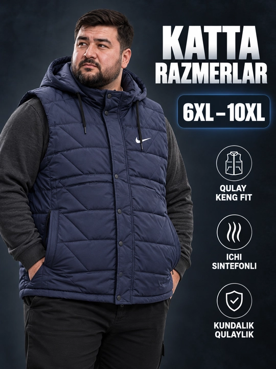 Erkaklar uchun NIKE kapyushonli issiq katta razmerli bezrukavka 6XL–10XL velikan nimcha