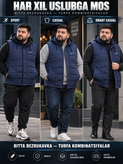 Erkaklar uchun NIKE kapyushonli issiq katta razmerli bezrukavka 6XL–10XL velikan nimcha