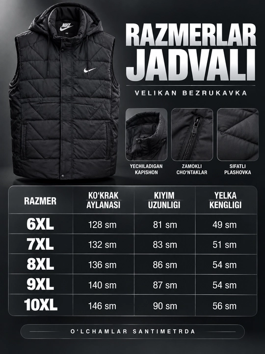 Erkaklar uchun NIKE kapyushonli issiq katta razmerli bezrukavka 6XL–10XL velikan nimcha