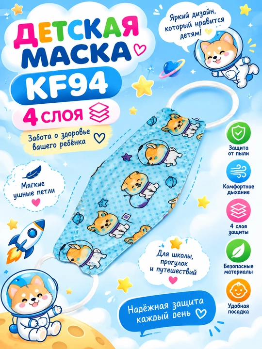 Детские респираторные маски для лица KF94, 4 слоя, от пыли, смога и вирусов - 