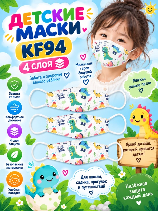 Детские респираторные маски для лица KF94, 4 слоя, от пыли, смога и вирусов - 