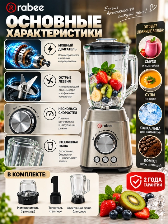 Блендер и кофемолка, 2 в 1, ICE CRUSHER - измельчения льда, RABEE RG-201, 800 Вт