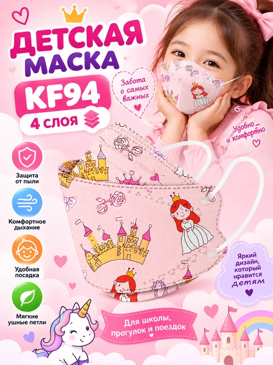 Детские респираторные маски для лица KF94, 4 слоя, от пыли, смога и вирусов - 