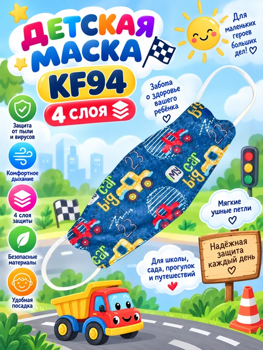 Детские респираторные маски для лица KF94, 4 слоя, от пыли, смога и вирусов - 