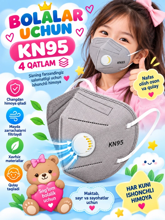 Yuz uchun KF94 bolalar respirator niqoblari, 4 qavatli, chang, va viruslardan himoyalovchi