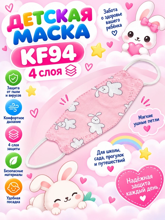 Детские респираторные маски для лица KF94, 4 слоя, от пыли, смога и вирусов - 