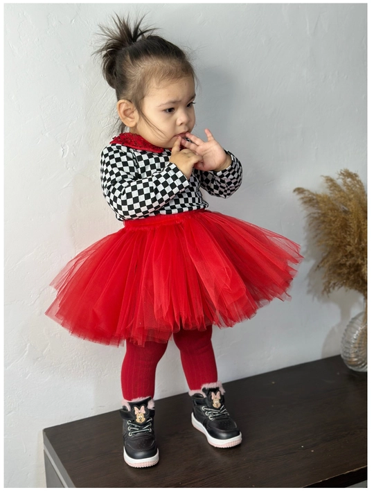 9 oylik-3 yoshli qizlar yubkasi  Minnie pomponli va applikatsiyali Fatin bolalar yubkasi