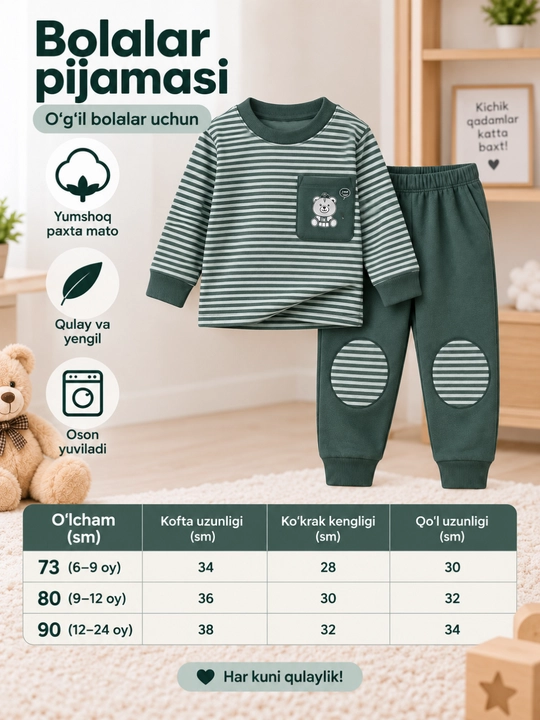 Qizlar va o‘g‘il bolalar uchun pijama, 6 oylikdan 2 yoshgacha, o‘lchamlari 70–80–90