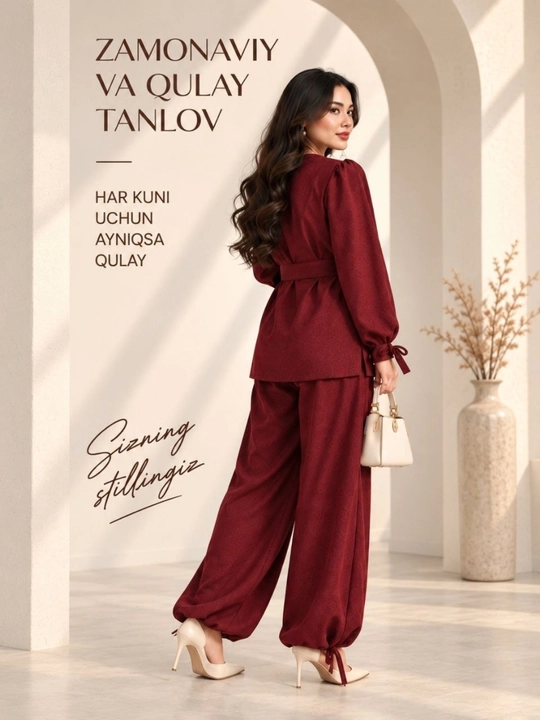 Ayollar uchun dvoyka, kofta va keng shimli 2 qismli komplekt, standart 44-50 gacha tushadi - 
