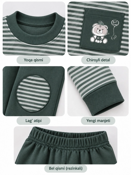 Qizlar va o‘g‘il bolalar uchun pijama, 6 oylikdan 2 yoshgacha, o‘lchamlari 70–80–90