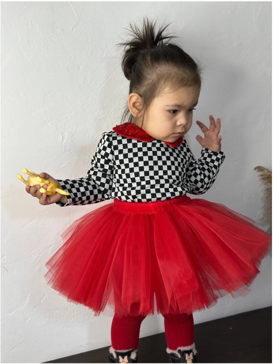9 oylik-3 yoshli qizlar yubkasi  Minnie pomponli va applikatsiyali Fatin bolalar yubkasi