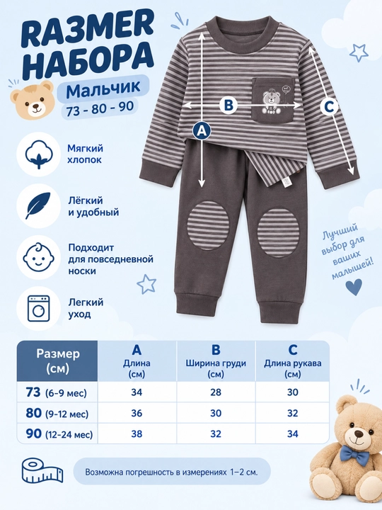 Qizlar va o‘g‘il bolalar uchun pijama, 6 oylikdan 2 yoshgacha, o‘lchamlari 70–80–90