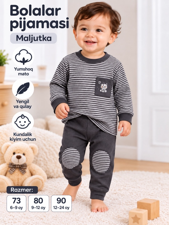 Qizlar va o‘g‘il bolalar uchun pijama, 6 oylikdan 2 yoshgacha, o‘lchamlari 70–80–90