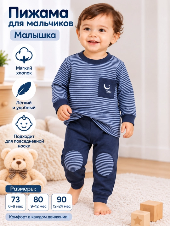 Qizlar va o‘g‘il bolalar uchun pijama, 6 oylikdan 2 yoshgacha, o‘lchamlari 70–80–90