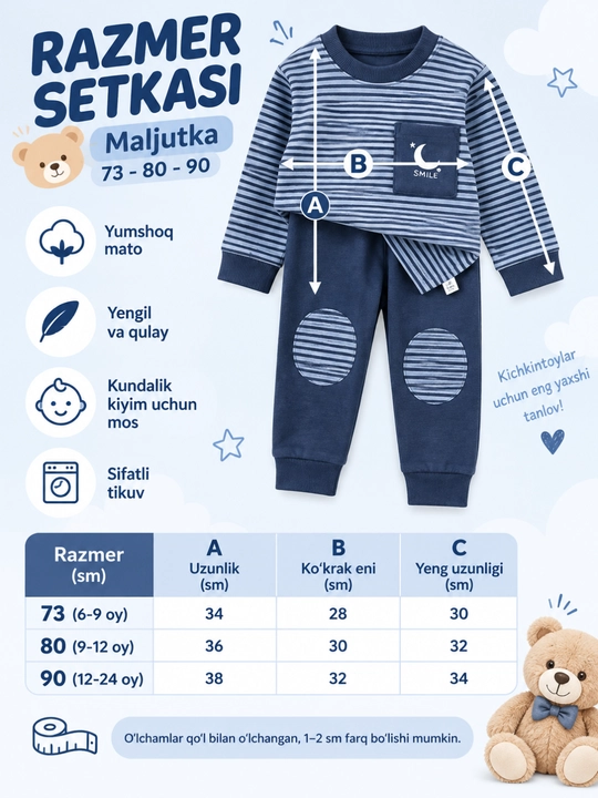 Qizlar va o‘g‘il bolalar uchun pijama, 6 oylikdan 2 yoshgacha, o‘lchamlari 70–80–90